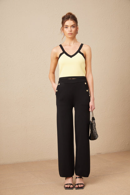 Eloise contrasting-trim knit cardigan & vest & trousers matching set
