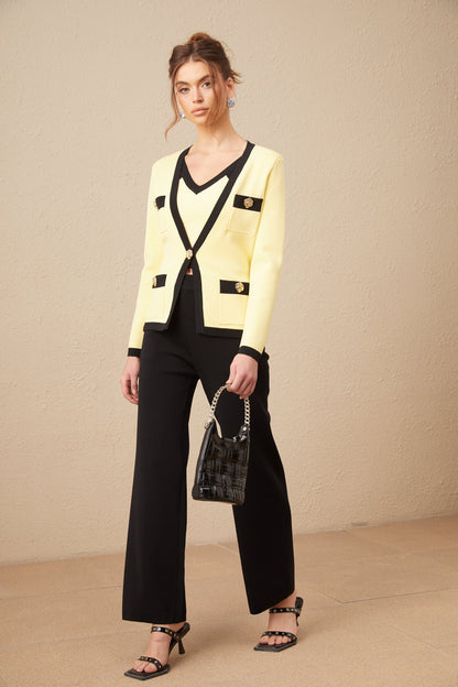 Eloise contrasting-trim knit cardigan & vest & trousers matching set