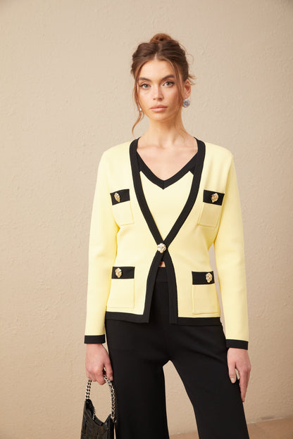 Eloise contrasting-trim knit cardigan & vest & trousers matching set