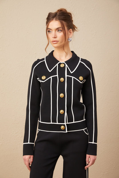 Calista black piped-trim jacket & trousers matching set