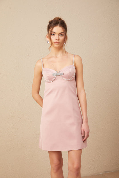 Ysalis pink satin embellished cardigan & dress matching set