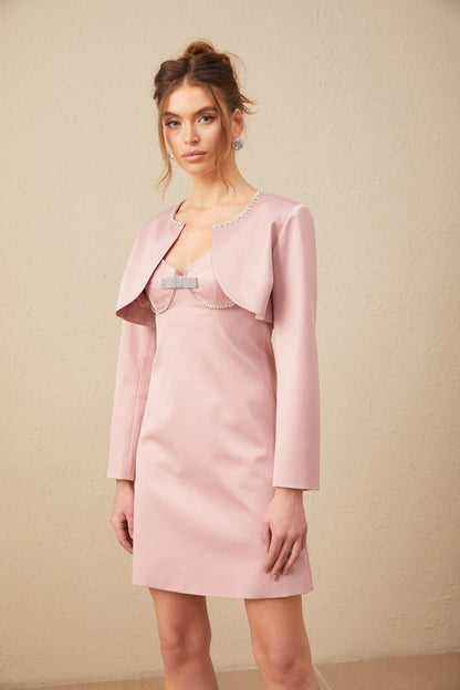 Ysalis pink satin embellished cardigan & dress matching set