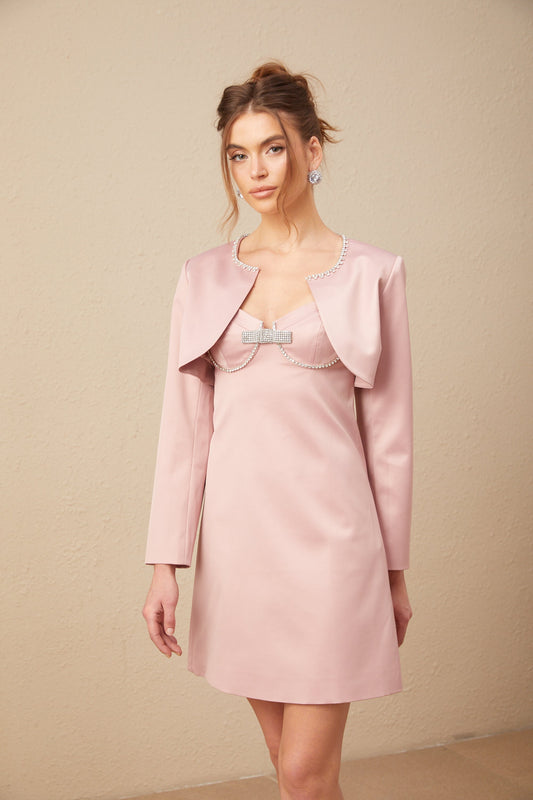 Ysalis pink satin embellished cardigan & dress matching set