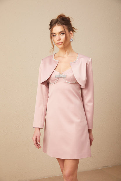Ysalis pink satin embellished cardigan & dress matching set