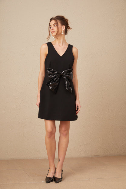 Roxane V-neck sequin-bow mini dress in Black (US Only)