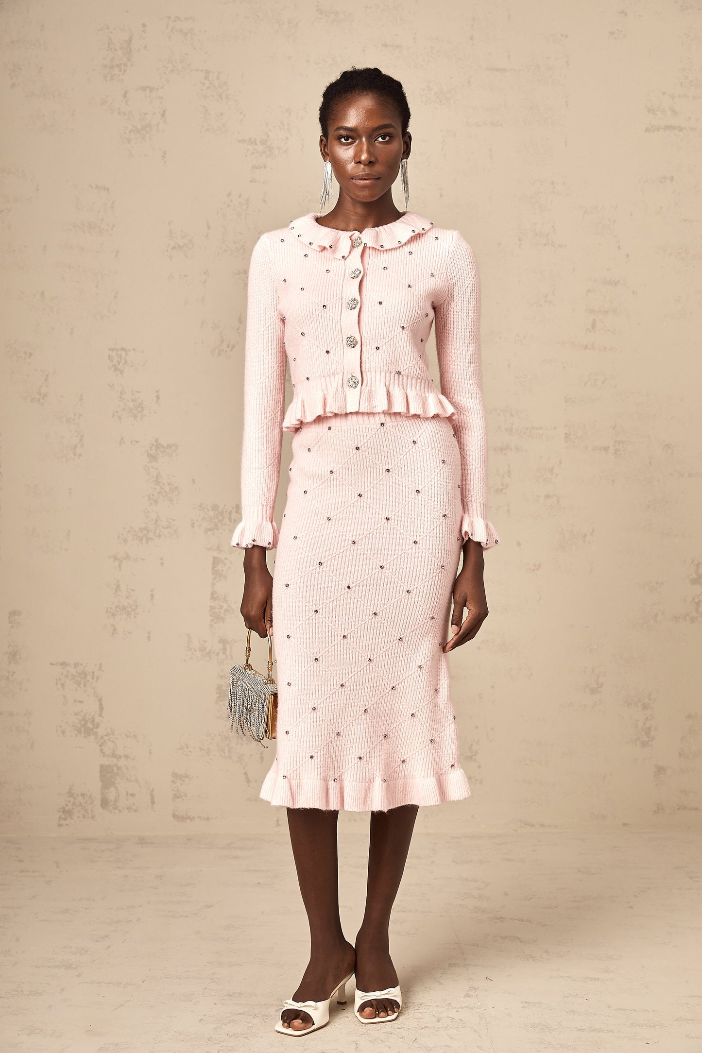 Julia pink argyle-check knitted cardigan & skirt matching set