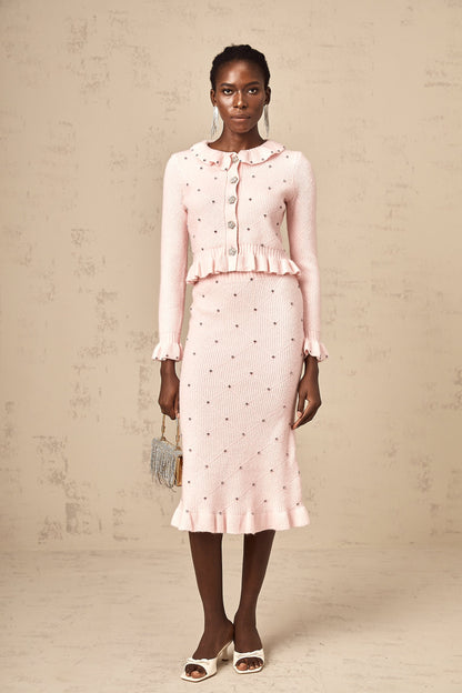 Julia pink argyle-check knitted cardigan & skirt matching set