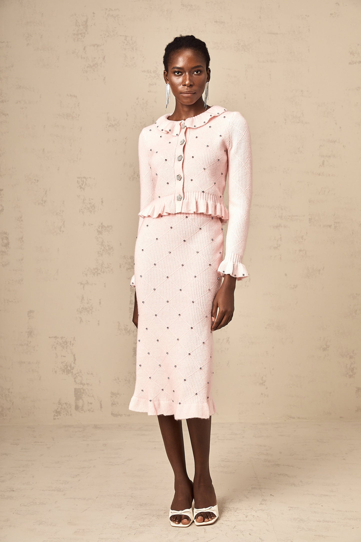 Julia pink argyle-check knitted cardigan & skirt matching set