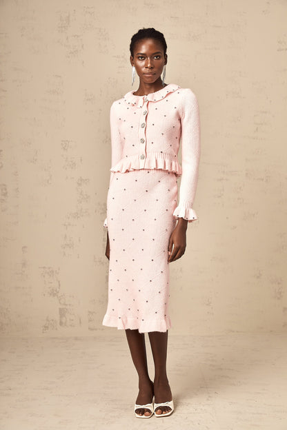 Julia pink argyle-check knitted cardigan & skirt matching set