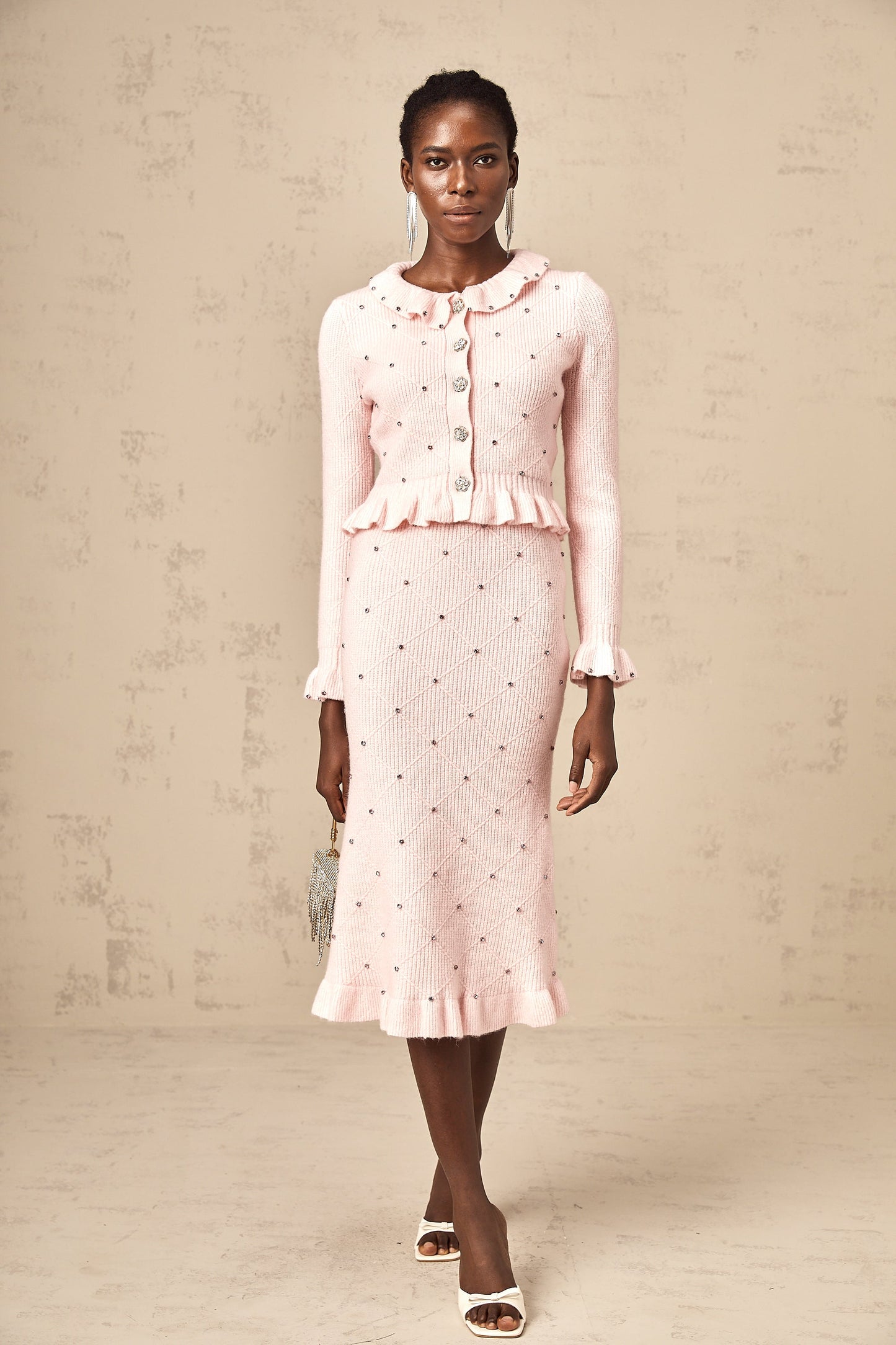 Julia pink argyle-check knitted cardigan & skirt matching set