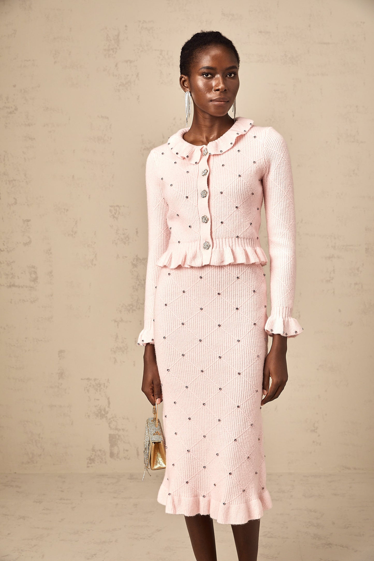 Julia pink argyle-check knitted cardigan & skirt matching set