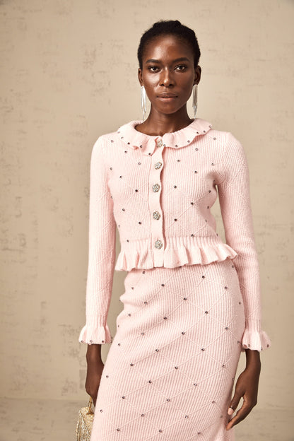 Julia pink argyle-check knitted cardigan & skirt matching set