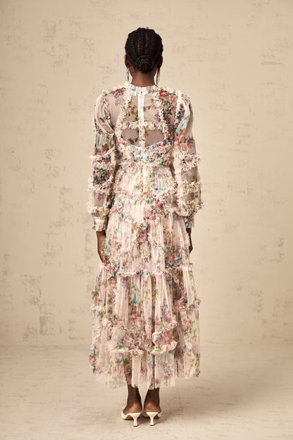 Candice floral ruffled tulle midi dress