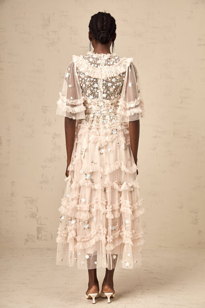 Kévina floral-embroidery tiered ruffled midi dress