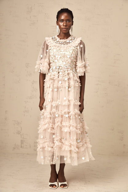 Kévina floral-embroidery tiered ruffled midi dress