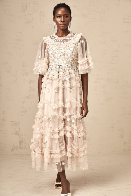Kévina floral-embroidery tiered ruffled midi dress