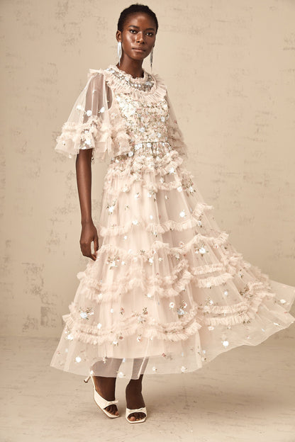 Kévina floral-embroidery tiered ruffled midi dress