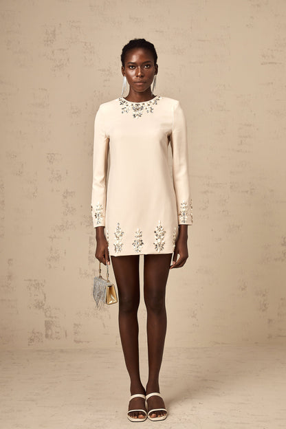 Mélissa crystal-embellished long-sleeved mini dress in Neutrals