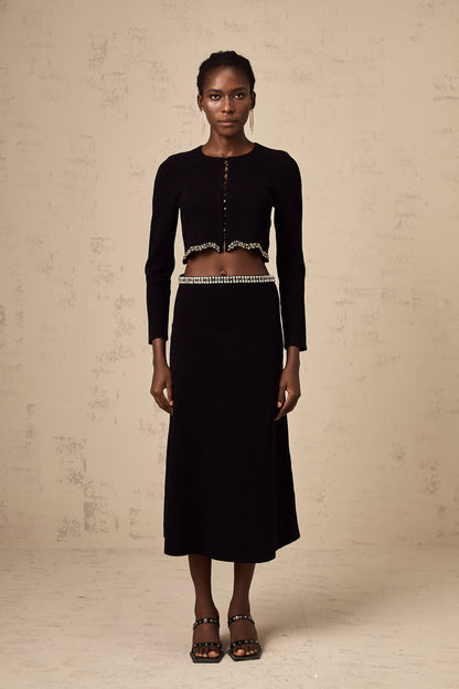 Magali black embellished knitted cardigan & skirt matching set