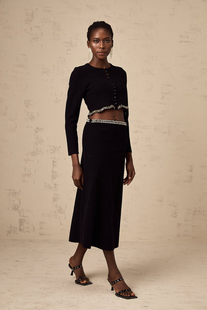 Magali black embellished knitted cardigan & skirt matching set