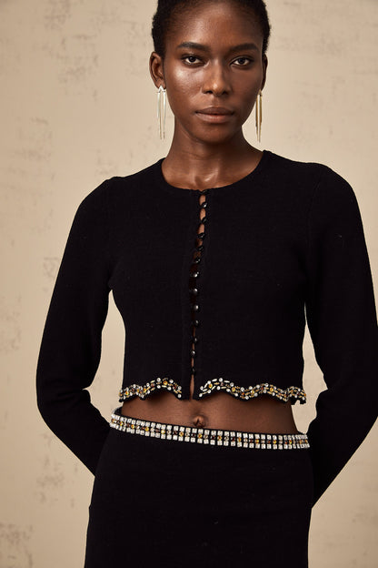 Magali black embellished knitted cardigan & skirt matching set