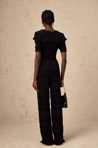 Charlotte black knitted ruffled top & trousers matching set