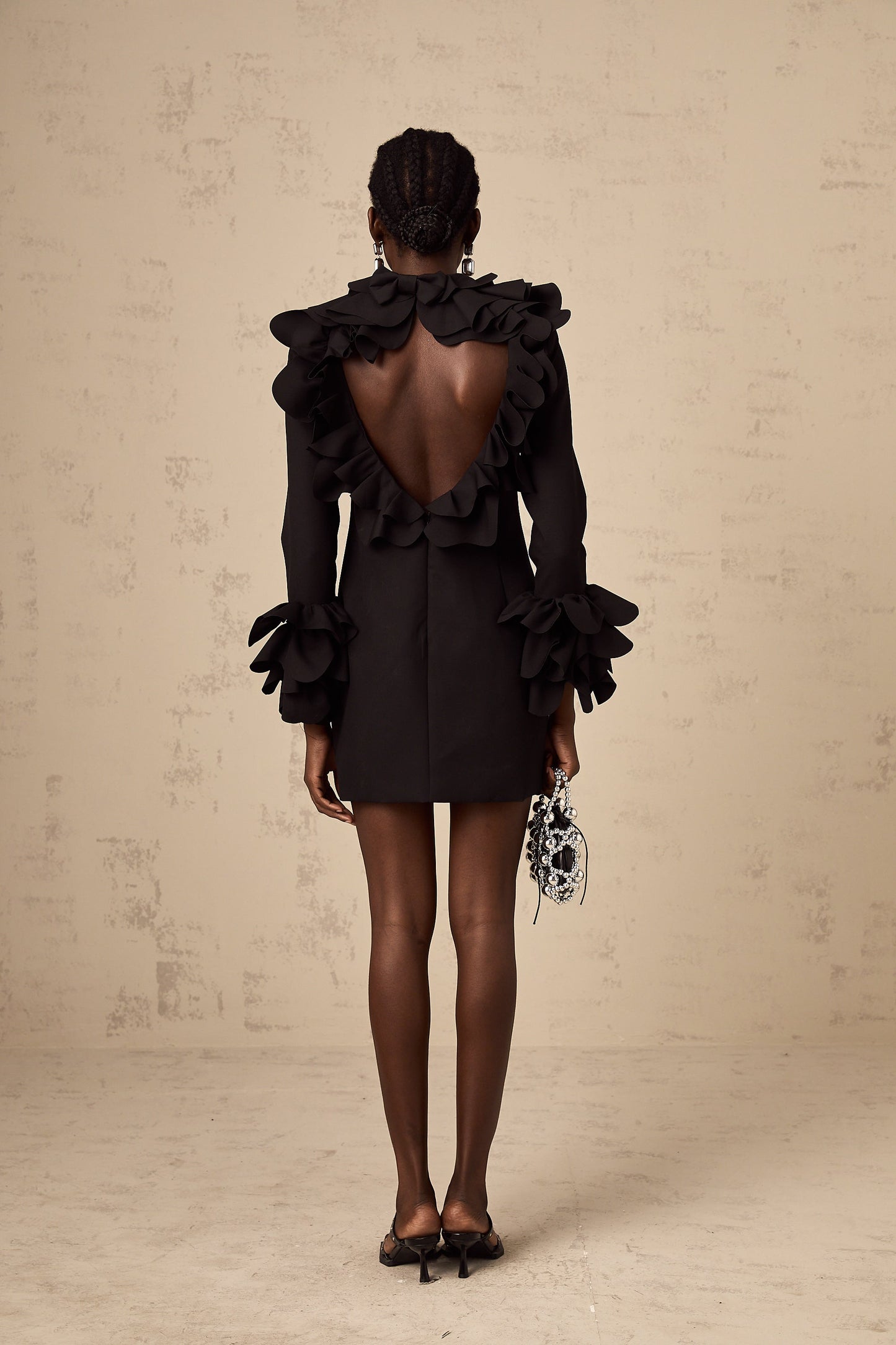 Priscille black ruffled open-back mini dress (US Only)