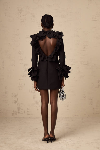 Priscille black ruffled open-back mini dress (US Only)