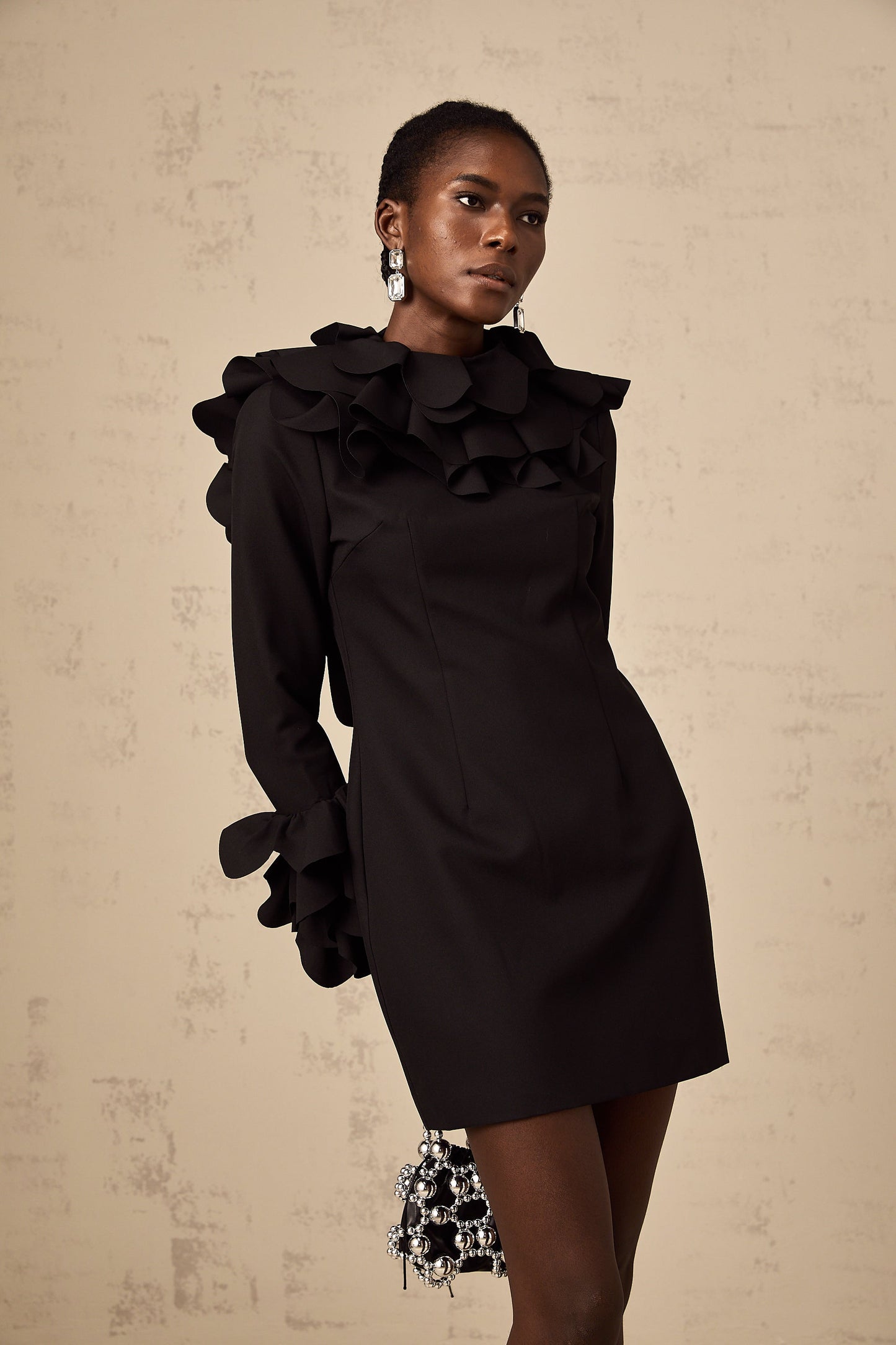 Priscille black ruffled open-back mini dress (US Only)