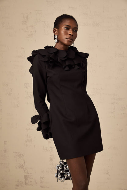 Priscille black ruffled open-back mini dress (US Only)