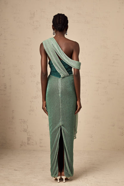 Delphine ribbon-design corset maxi dress in Green
