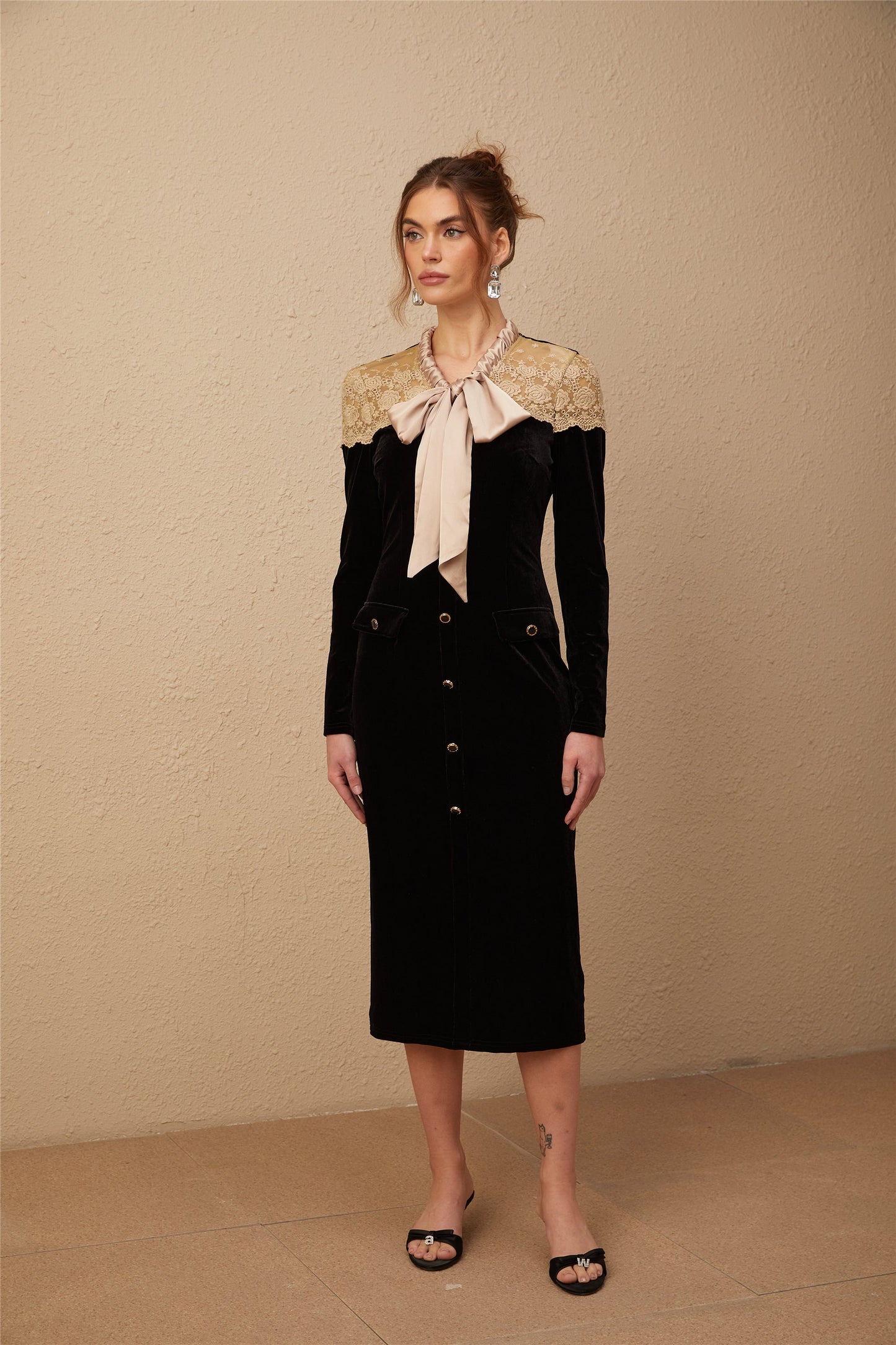 Noémie black tied-neck panelled midi dress (US Only)