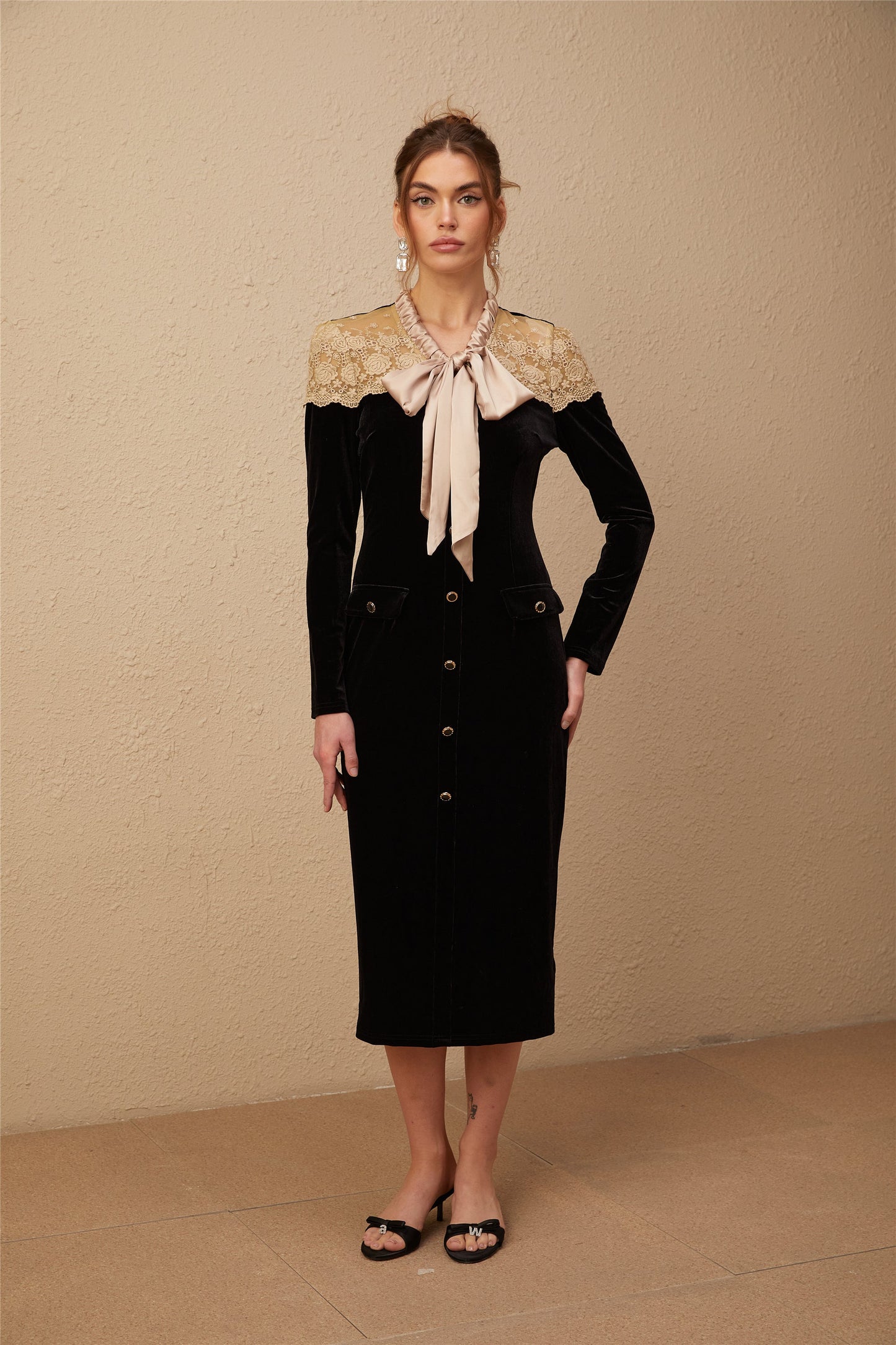 Noémie black tied-neck panelled midi dress (US Only)