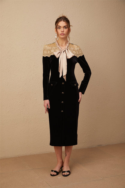 Noémie black tied-neck panelled midi dress (US Only)