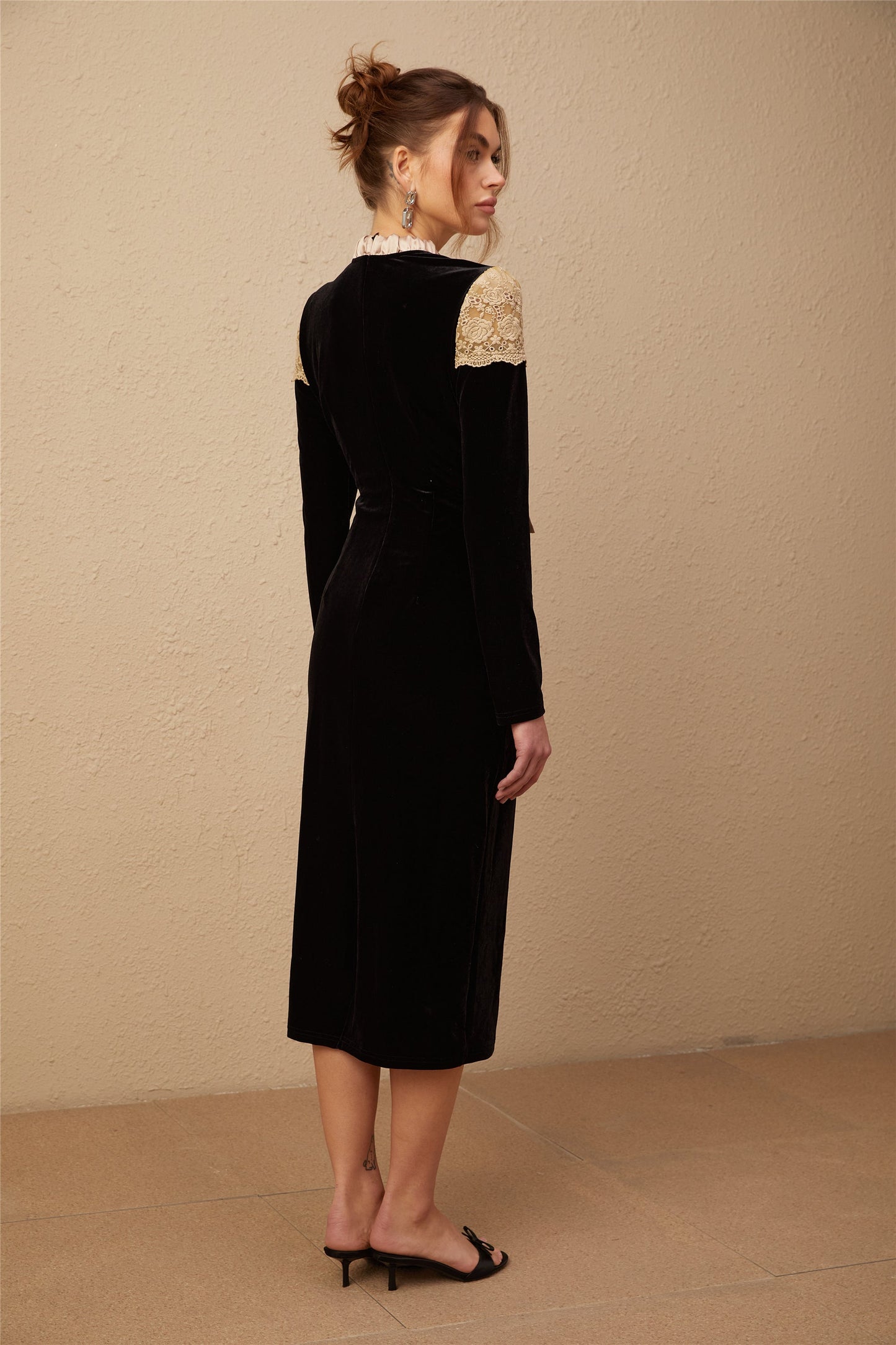 Noémie black tied-neck panelled midi dress (US Only)