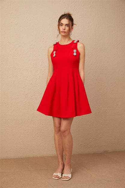 Louisa red bow sleeveless pleated mini dress (US Only)