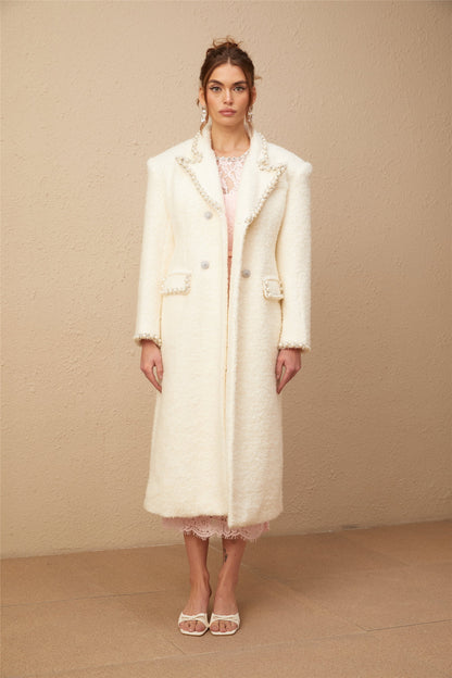 Isotta wool faux-pearl embellished tweed long coat