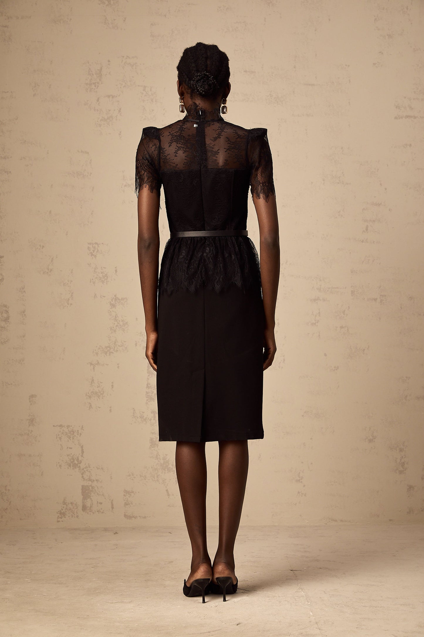 Thérèse black guipure-lace panelled midi dress (Without belt)