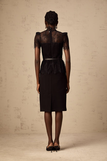 Thérèse black guipure-lace panelled midi dress (Without belt)