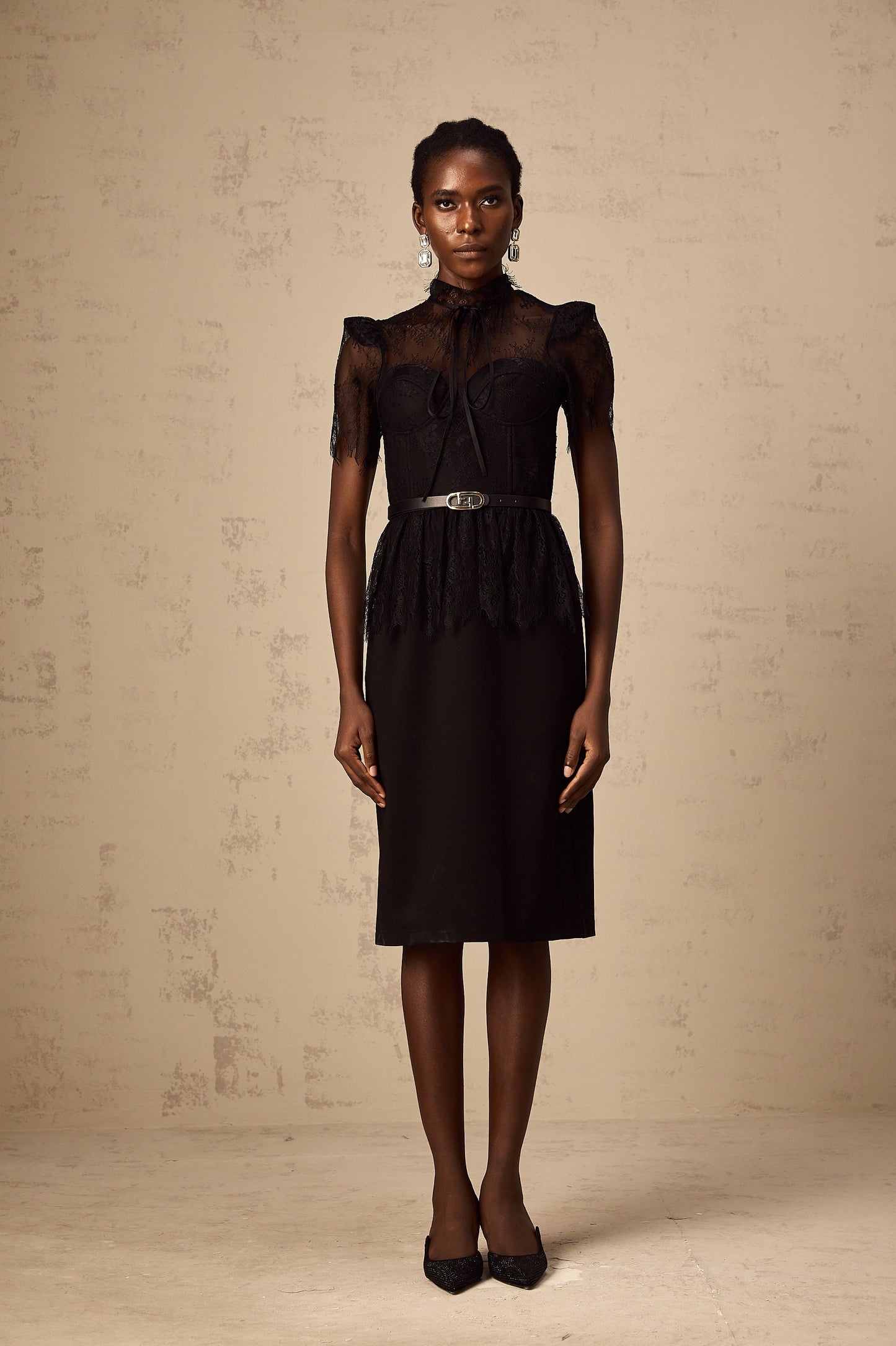 Thérèse black guipure-lace panelled midi dress (Without belt)