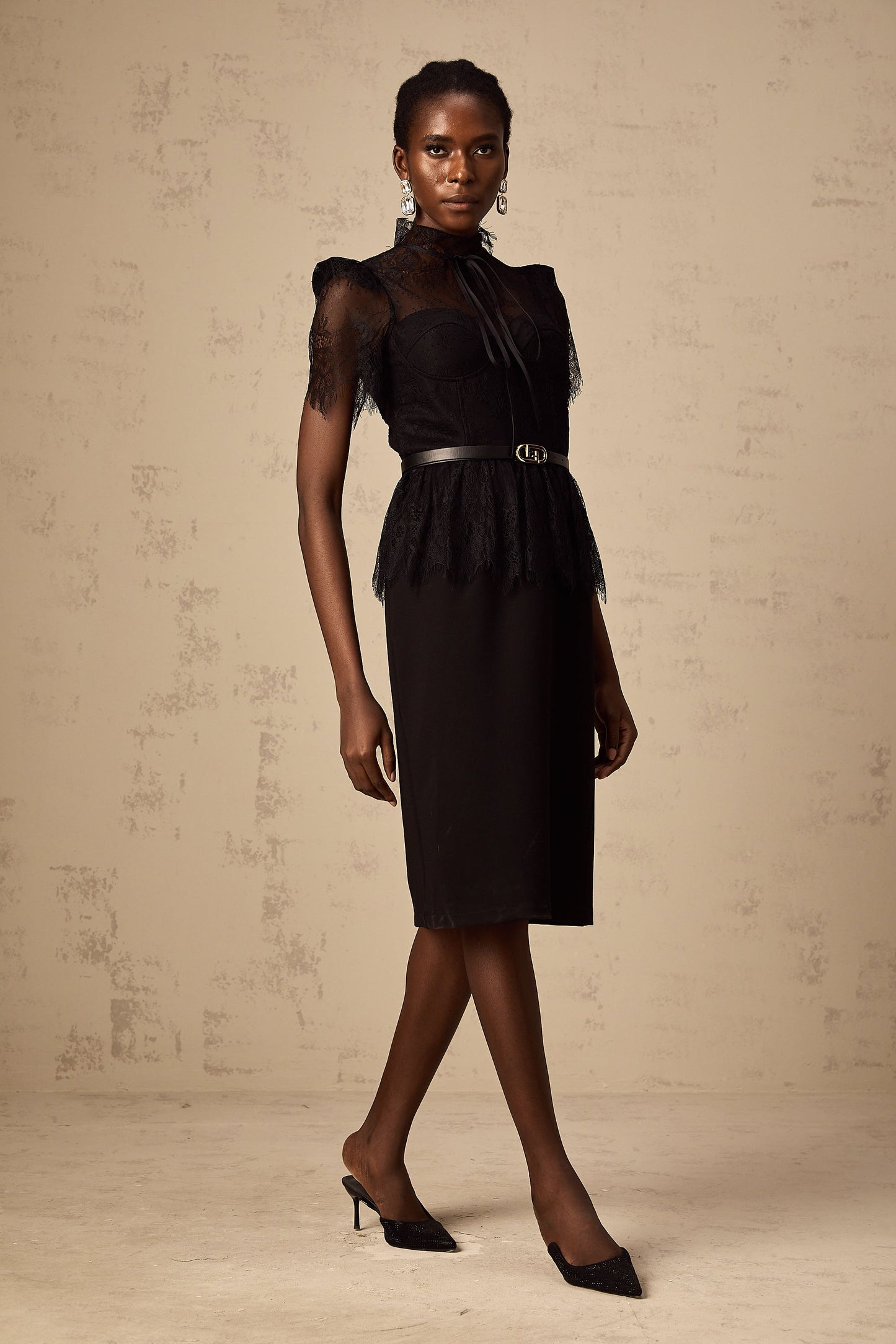 Thérèse black guipure-lace panelled midi dress (Without belt)