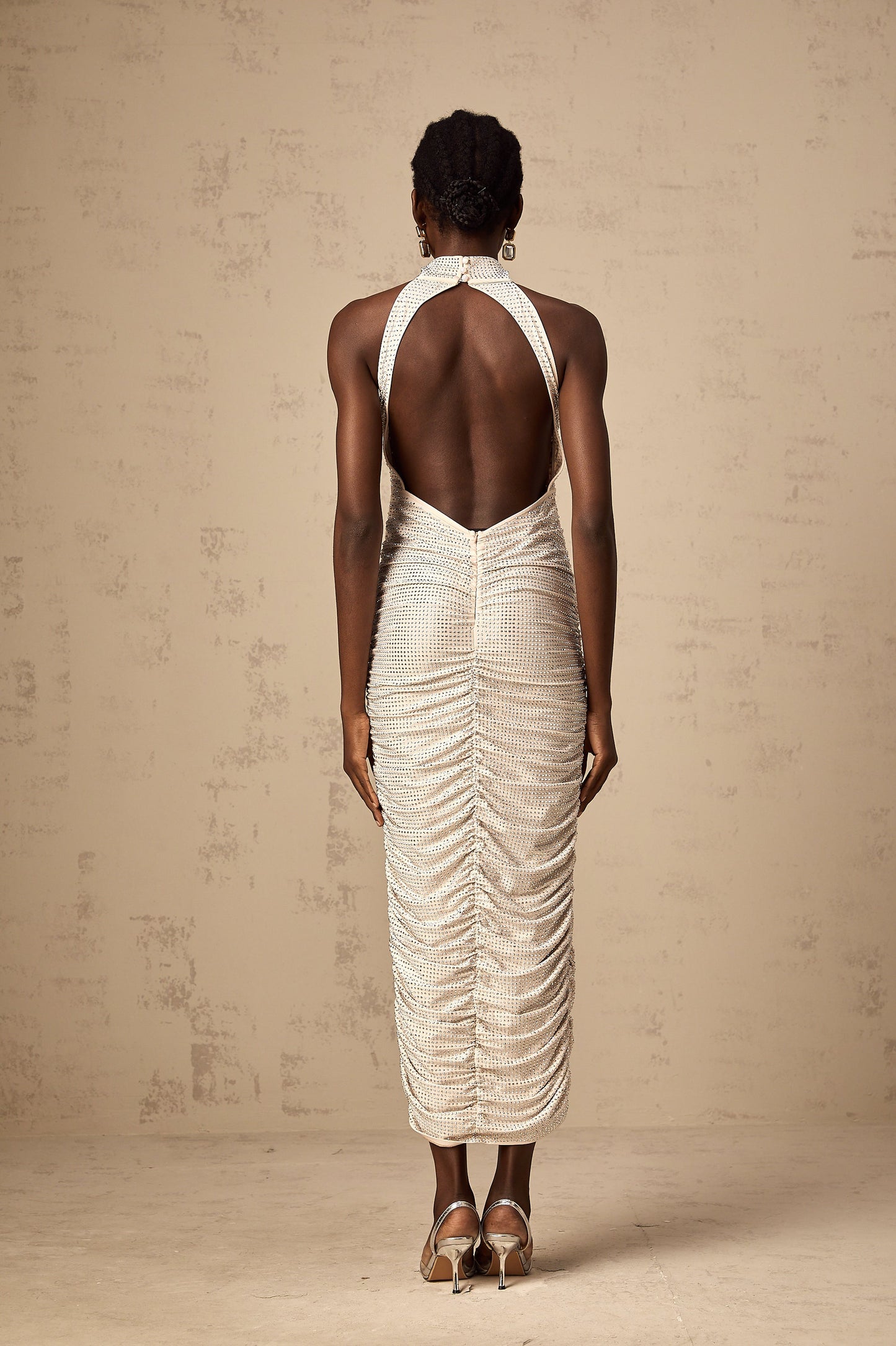 Cheryl stud-embellished fitted ruched midi dress