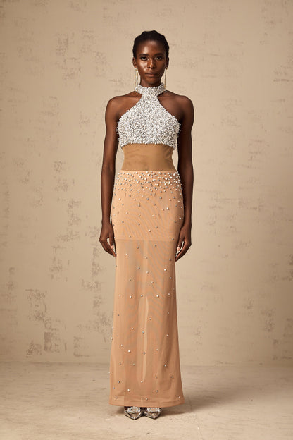 Rosa faux-pearl embellished semi-sheer maxi dress