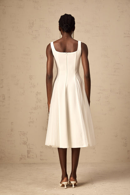 Danielle white tulle godet midi dress