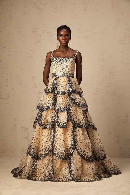 Flavie sequined petal tiered maxi dress