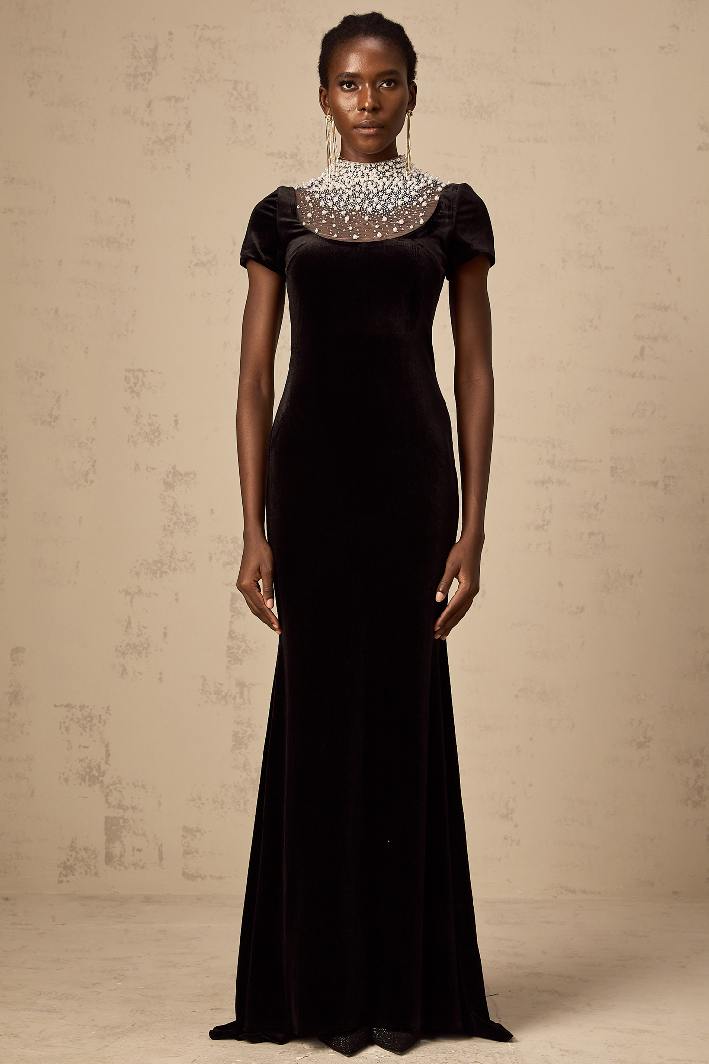 Kristin black faux-pearl embellished velvet maxi dress (US Only)