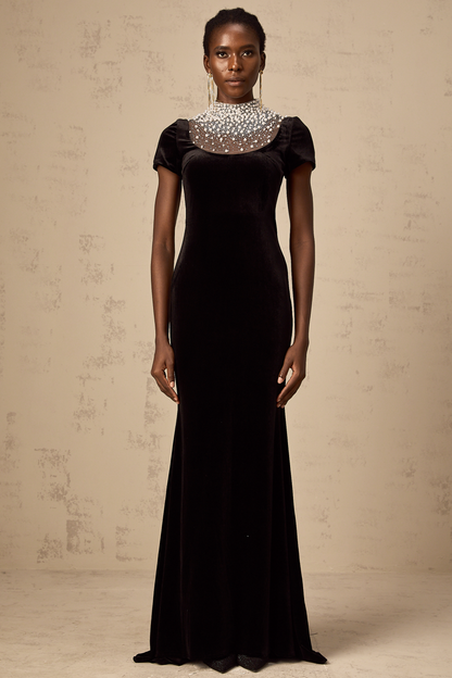 Kristin black faux-pearl embellished velvet maxi dress (US Only)