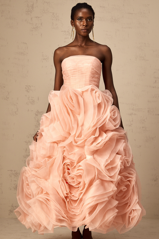 Leane pink off-shoulder 3d-petal tulle midi dress