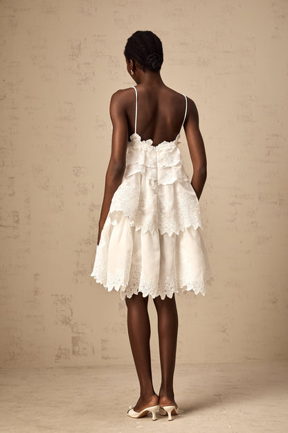 Valeria white guipure-lace tiered mini dress