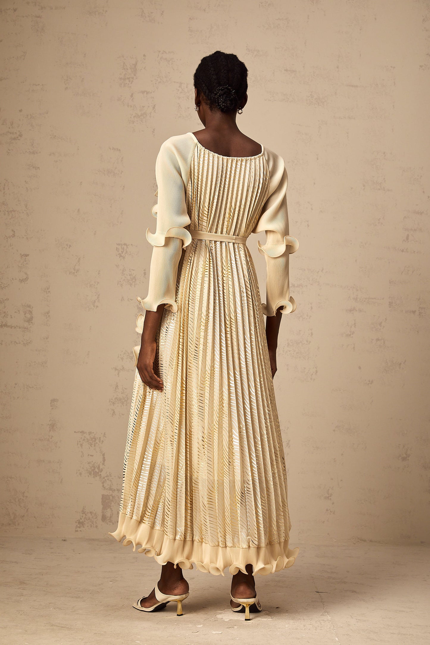 Ellie neutrals gilded ruffled midi dress (US Only)